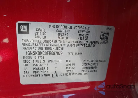 2015 Chevrolet Tahoe Lt from USA, damaged, VIN 1GNSKBKC0FR697879